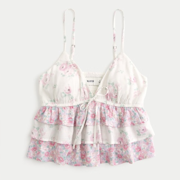 Hollister Pink Floral Ruffle V-Neck Tiered Babydoll Cami Padded Tank Top Size M - Picture 7 of 7